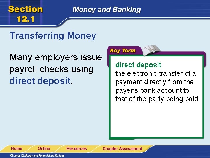 Transferring Money Many employers issue payroll checks using direct deposit the electronic transfer of