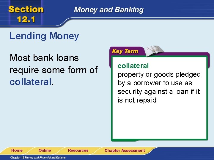 Lending Money Most bank loans require some form of collateral property or goods pledged