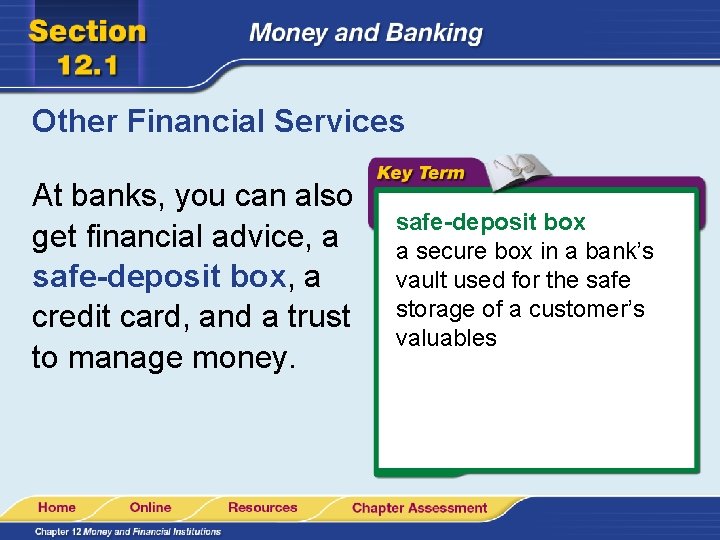 Other Financial Services At banks, you can also get financial advice, a safe-deposit box,