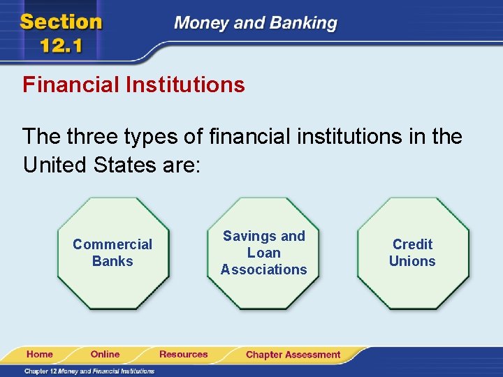 Financial Institutions The three types of financial institutions in the United States are: Commercial