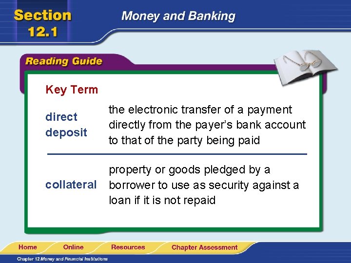 Key Term direct deposit the electronic transfer of a payment directly from the payer’s