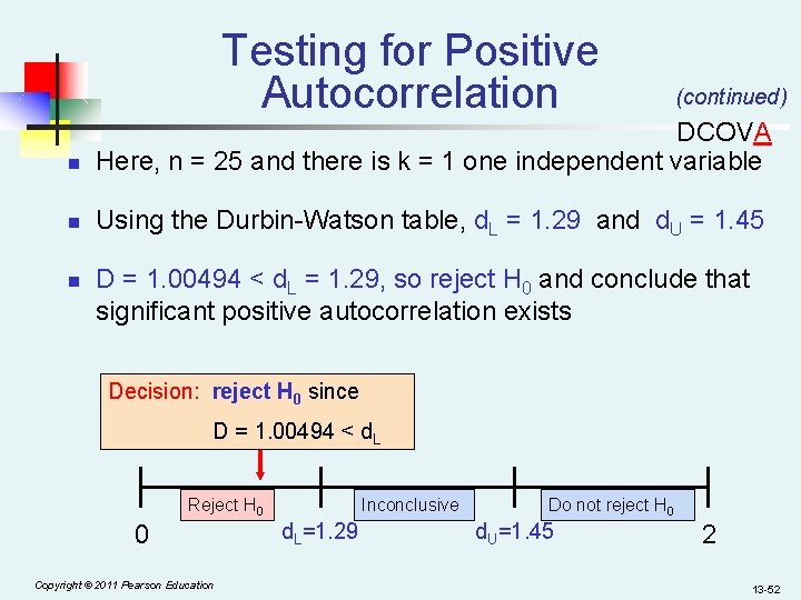 Testing for Positive Autocorrelation (continued) n DCOVA Here, n = 25 and there is