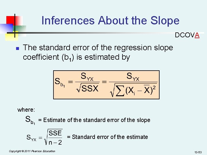 Inferences About the Slope DCOVA n The standard error of the regression slope coefficient