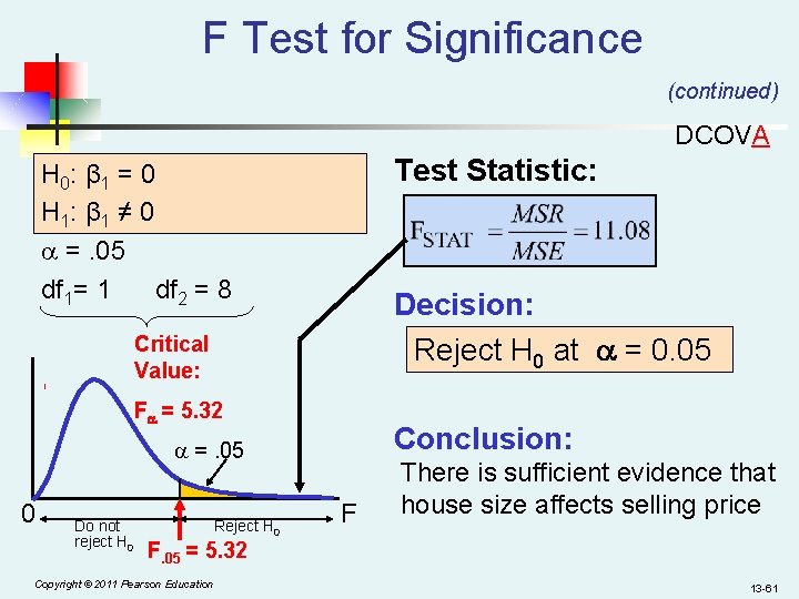 F Test for Significance (continued) DCOVA Test Statistic: H 0: β 1 = 0