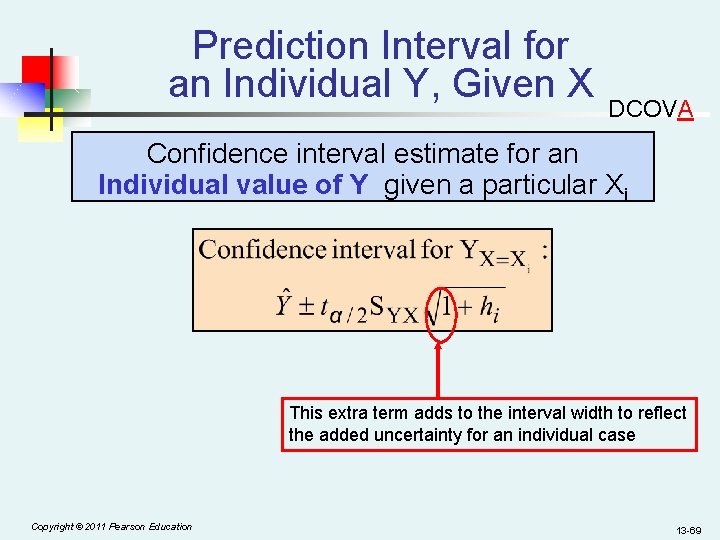 Prediction Interval for an Individual Y, Given X DCOVA Confidence interval estimate for an