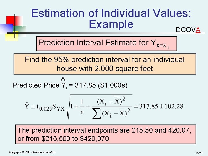 Estimation of Individual Values: Example DCOVA Prediction Interval Estimate for YX=X i Find the