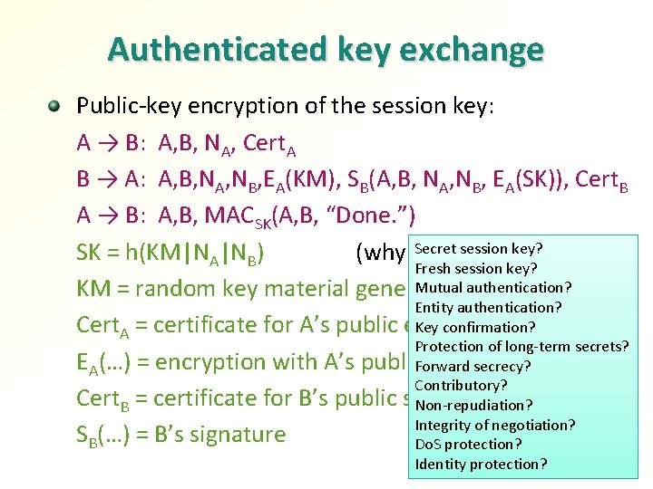 Authenticated key exchange Public-key encryption of the session key: A → B: A, B,