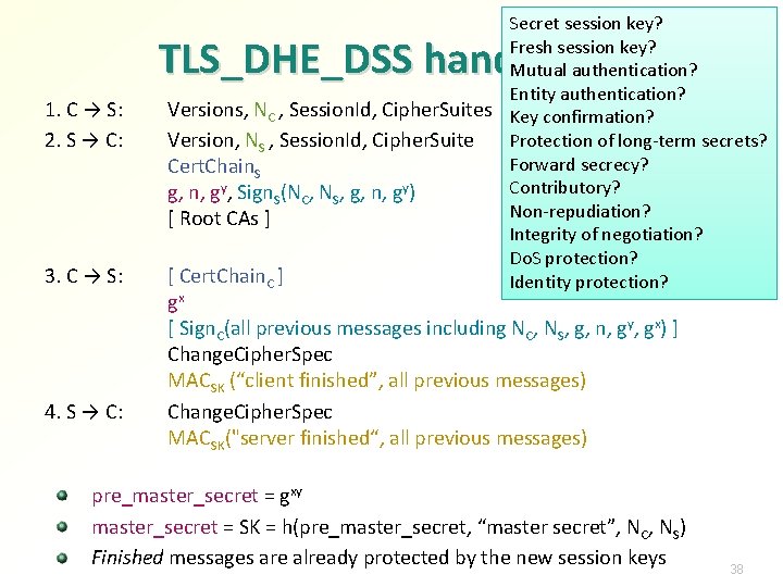 Secret session key? Fresh session key? Mutual authentication? Entity authentication? Versions, NC , Session.