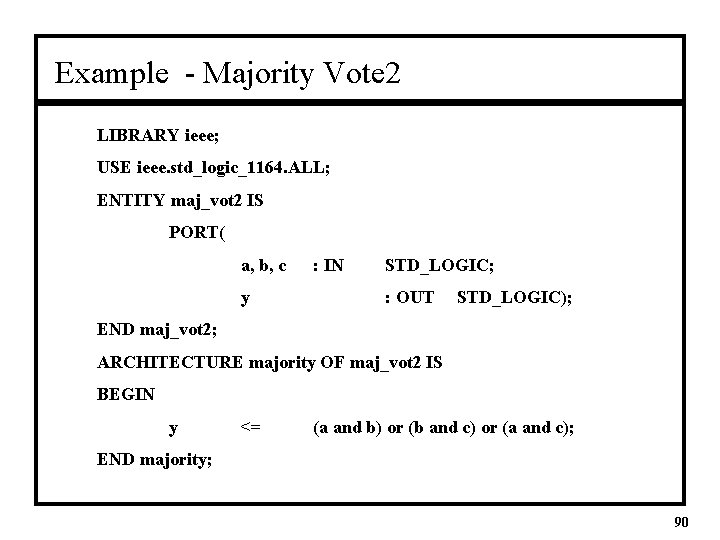 Example - Majority Vote 2 LIBRARY ieee; USE ieee. std_logic_1164. ALL; ENTITY maj_vot 2