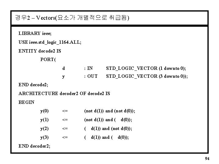 경우 2 – Vectors(요소가 개별적으로 취급됨) LIBRARY ieee; USE ieee. std_logic_1164. ALL; ENTITY decode