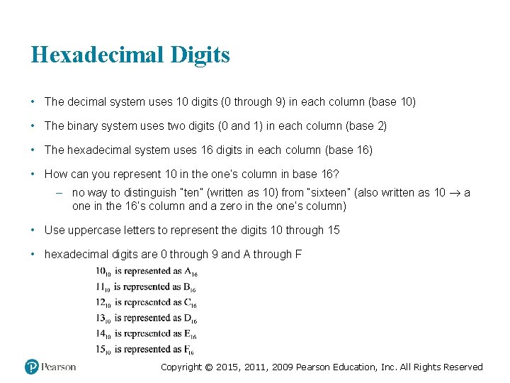 Hexadecimal Digits • The decimal system uses 10 digits (0 through 9) in each