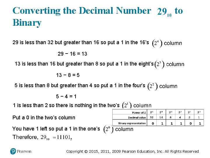 Converting the Decimal Number 29 sub 10. to Binary 29 is less than 32