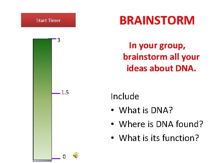 BRAINSTORM Start Timer 3 In your group, brainstorm all your ideas about DNA. 1.