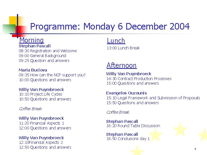 Programme: Monday 6 December 2004 Morning Stephan Pascall 08: 30 Registration and Welcome 09: