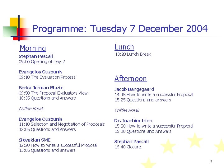 Programme: Tuesday 7 December 2004 Morning Stephan Pascall 09: 00 Opening of Day 2