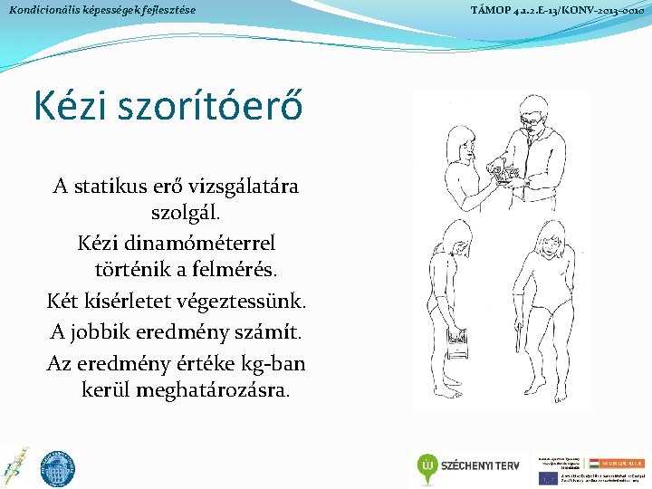 Kondicionális képességek fejlesztése Kézi szorítóerő A statikus erő vizsgálatára szolgál. Kézi dinamóméterrel történik a Kondicionális képességek fejlesztése Kézi szorítóerő A statikus erő vizsgálatára szolgál. Kézi dinamóméterrel történik a