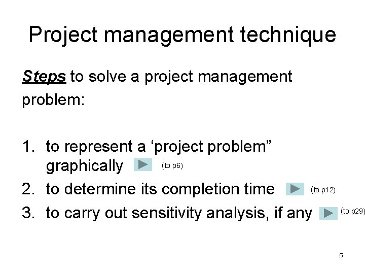 Project management technique Steps to solve a project management problem: 1. to represent a
