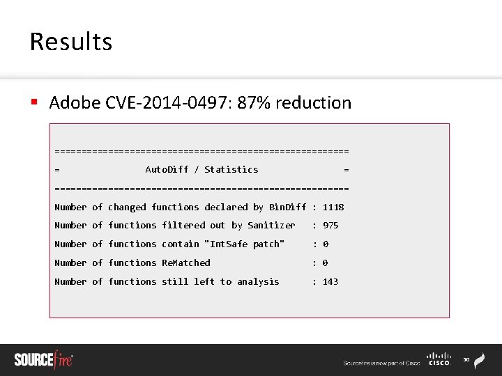 Results § Adobe CVE-2014 -0497: 87% reduction ============================ = Auto. Diff / Statistics =