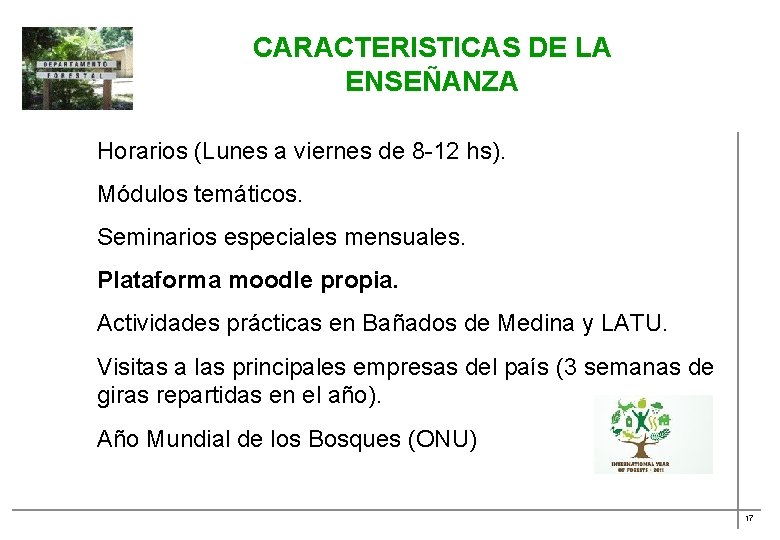 CARACTERISTICAS DE LA ENSEÑANZA Horarios (Lunes a viernes de 8 -12 hs). Módulos temáticos.