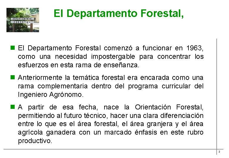 El Departamento Forestal, n El Departamento Forestal comenzó a funcionar en 1963, como una