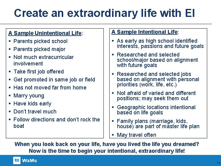 Create an extraordinary life with EI A Sample Unintentional Life: § Parents picked school