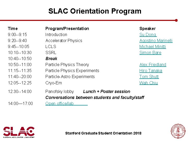 SLAC Orientation Program Time 9: 00 --9: 15 9: 20 --9: 40 9: 45