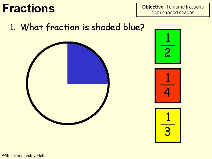 Fractions Objective: To name fractions from shaded shapes 1. What fraction is shaded blue?