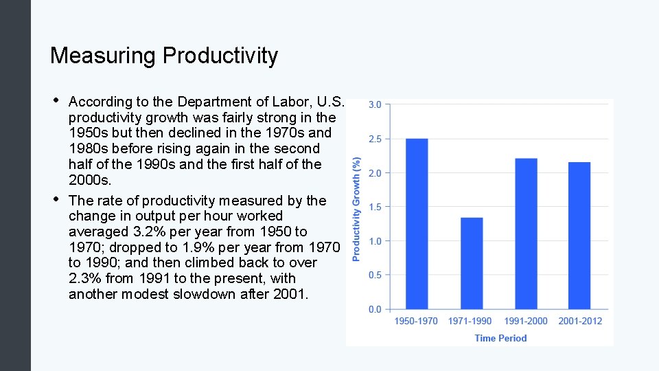 Measuring Productivity • • According to the Department of Labor, U. S. productivity growth