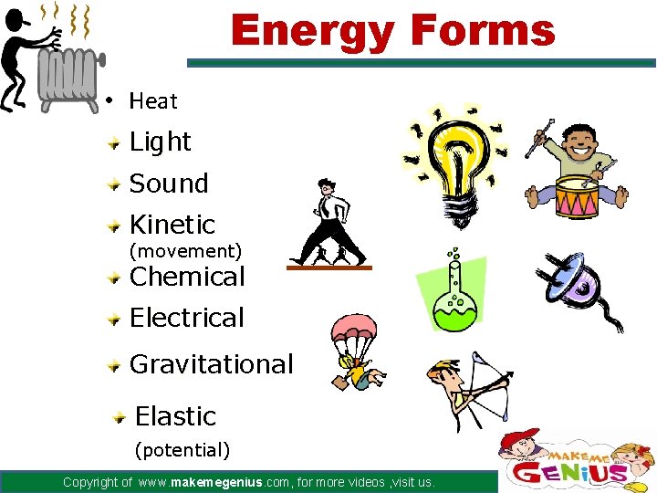 Energy Forms • Heat Light Sound Kinetic (movement) Chemical Electrical Gravitational Elastic (potential) Copyright