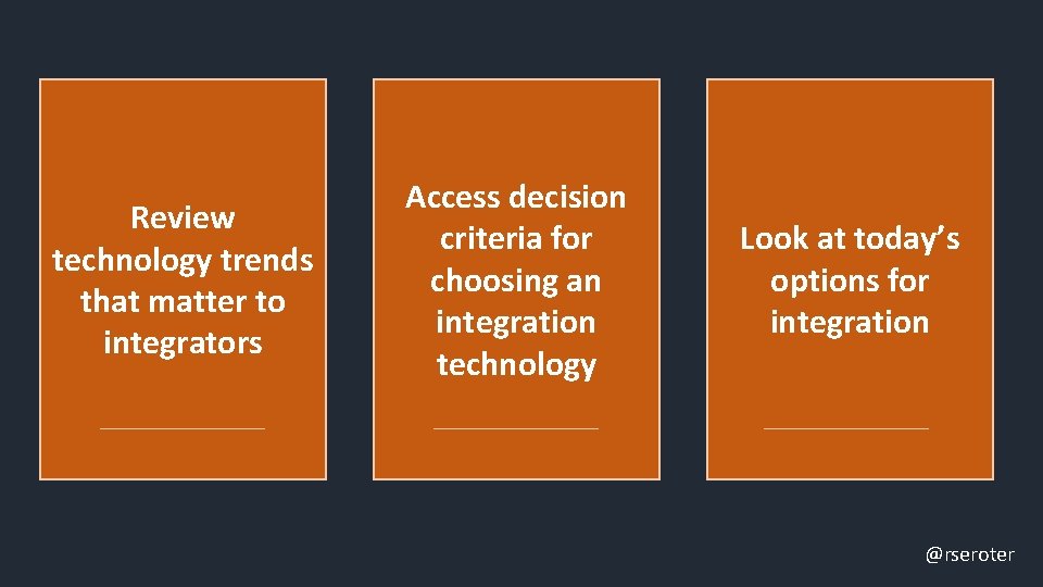 Review technology trends that matter to integrators Access decision criteria for choosing an integration