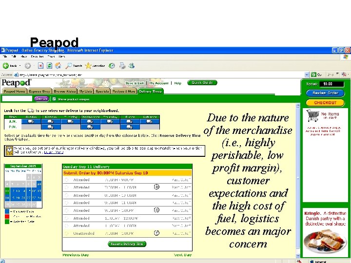 Peapod Due to the nature of the merchandise (i. e. , highly perishable, low
