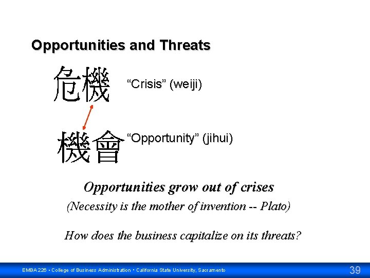 Opportunities and Threats “Crisis” (weiji) “Opportunity” (jihui) Opportunities grow out of crises (Necessity is