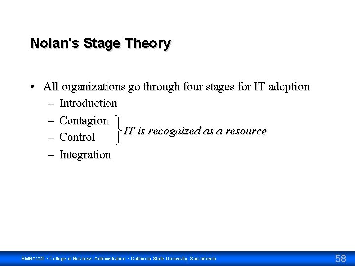 Nolan's Stage Theory • All organizations go through four stages for IT adoption –