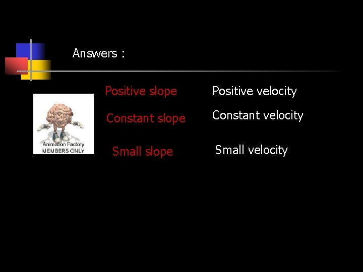 Answers : Positive slope Positive velocity Constant slope Constant velocity Small slope Small velocity