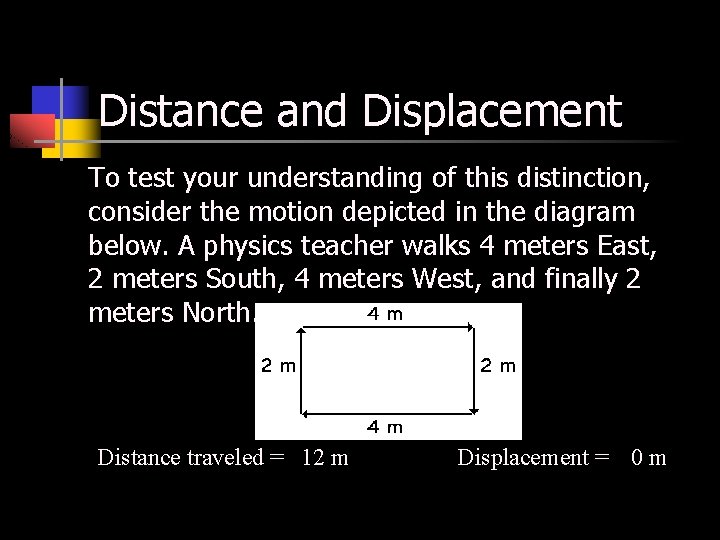 Distance and Displacement To test your understanding of this distinction, consider the motion depicted