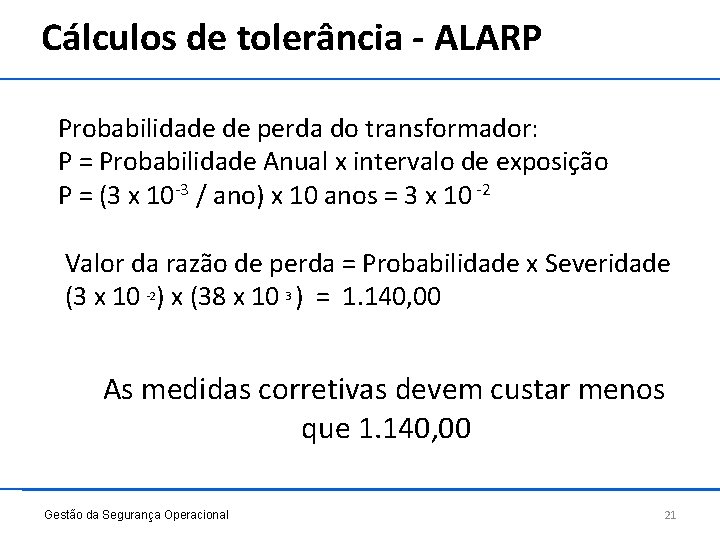 Cálculos de tolerância - ALARP Probabilidade de perda do transformador: P = Probabilidade Anual