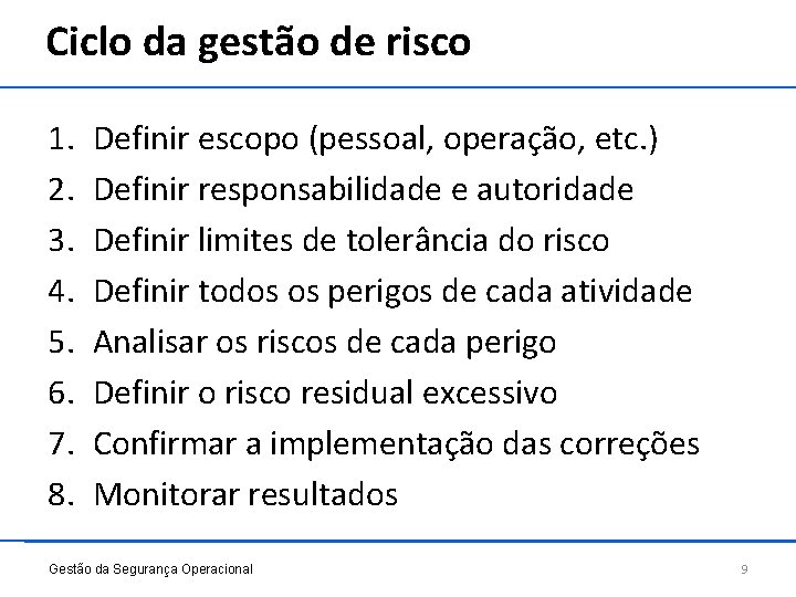 Ciclo da gestão de risco 1. 2. 3. 4. 5. 6. 7. 8. Definir