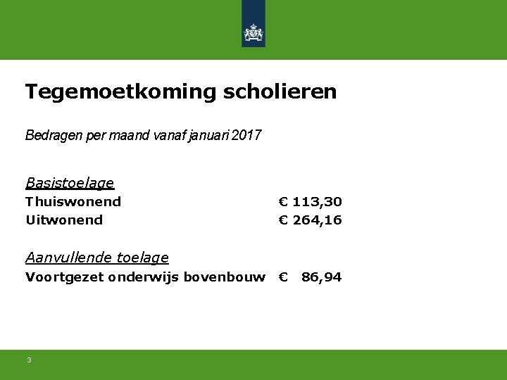 Tegemoetkoming scholieren Bedragen per maand vanaf januari 2017 Basistoelage Thuiswonend Uitwonend € 113, 30