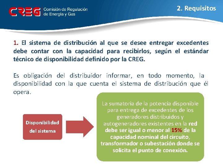 2. Requisitos 1. El sistema de distribución al que se desee entregar excedentes debe