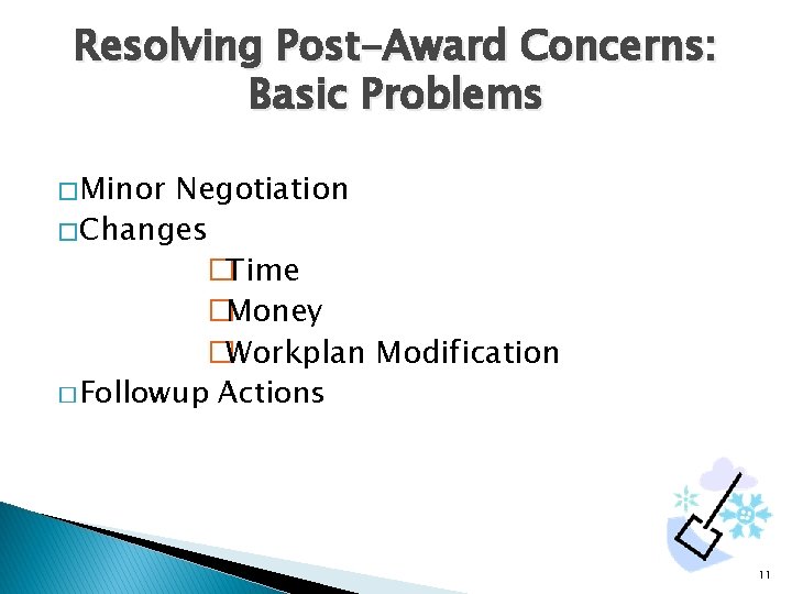 Resolving Post-Award Concerns: Basic Problems � Minor Negotiation � Changes �Time �Money �Workplan Modification