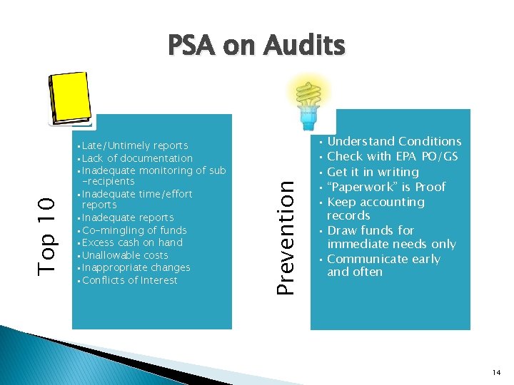  • Late/Untimely reports • Lack of documentation • Inadequate monitoring of sub -recipients