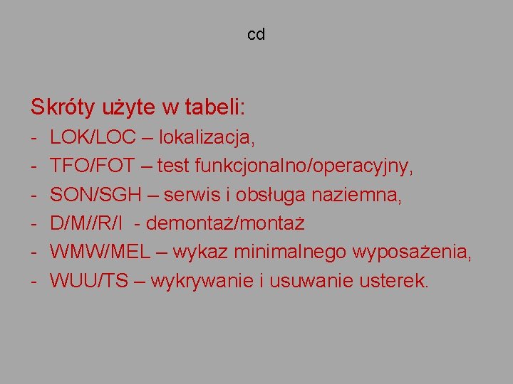cd Skróty użyte w tabeli: - LOK/LOC – lokalizacja, TFO/FOT – test funkcjonalno/operacyjny, SON/SGH