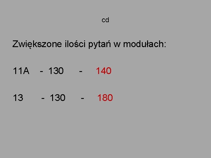 cd Zwiększone ilości pytań w modułach: 11 A - 130 - 140 13 -