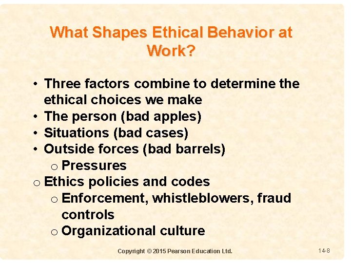 What Shapes Ethical Behavior at Work? • Three factors combine to determine the ethical