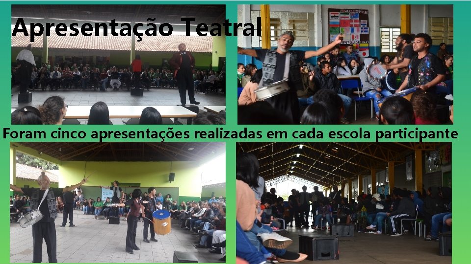 Apresentação Teatral Foram cinco apresentações realizadas em cada escola participante 