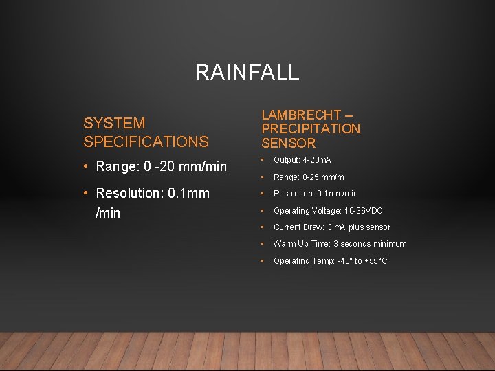 RAINFALL SYSTEM SPECIFICATIONS LAMBRECHT – PRECIPITATION SENSOR • Range: 0 -20 mm/min • Output: