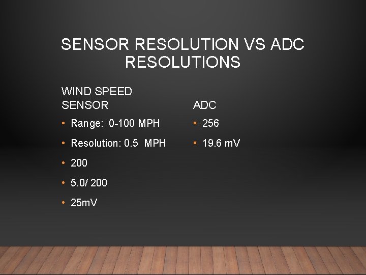 SENSOR RESOLUTION VS ADC RESOLUTIONS WIND SPEED SENSOR ADC • Range: 0 -100 MPH