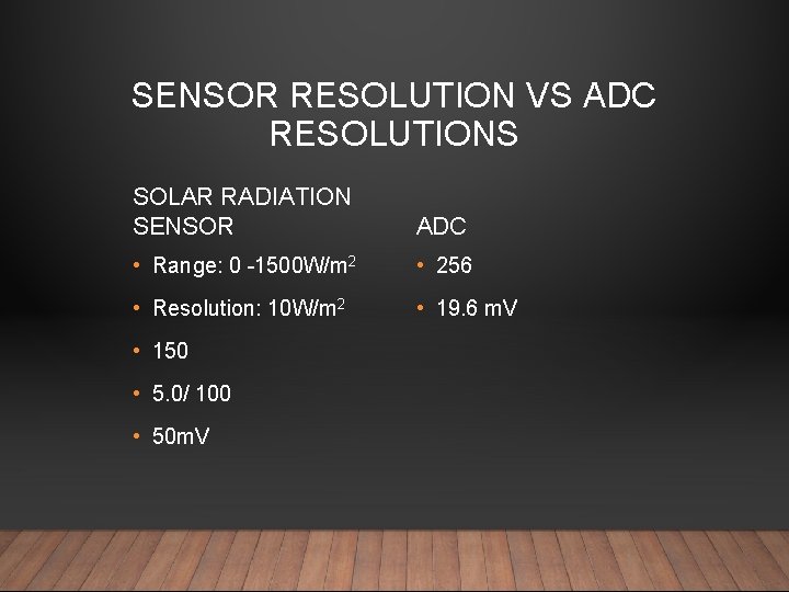 SENSOR RESOLUTION VS ADC RESOLUTIONS SOLAR RADIATION SENSOR ADC • Range: 0 -1500 W/m