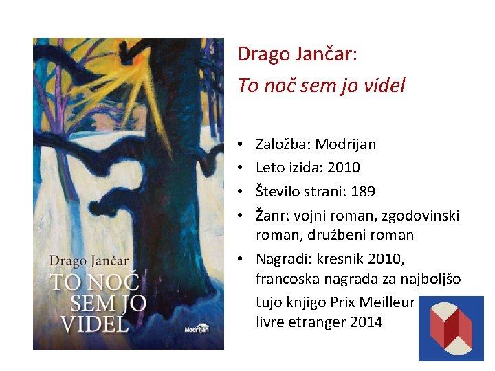 Drago Jančar: To noč sem jo videl Založba: Modrijan Leto izida: 2010 Število strani: