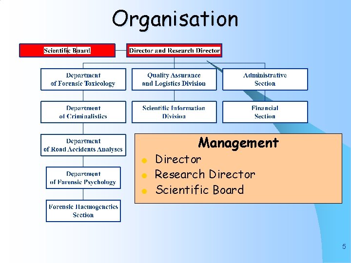 Organisation Management l l l Director Research Director Scientific Board 5 